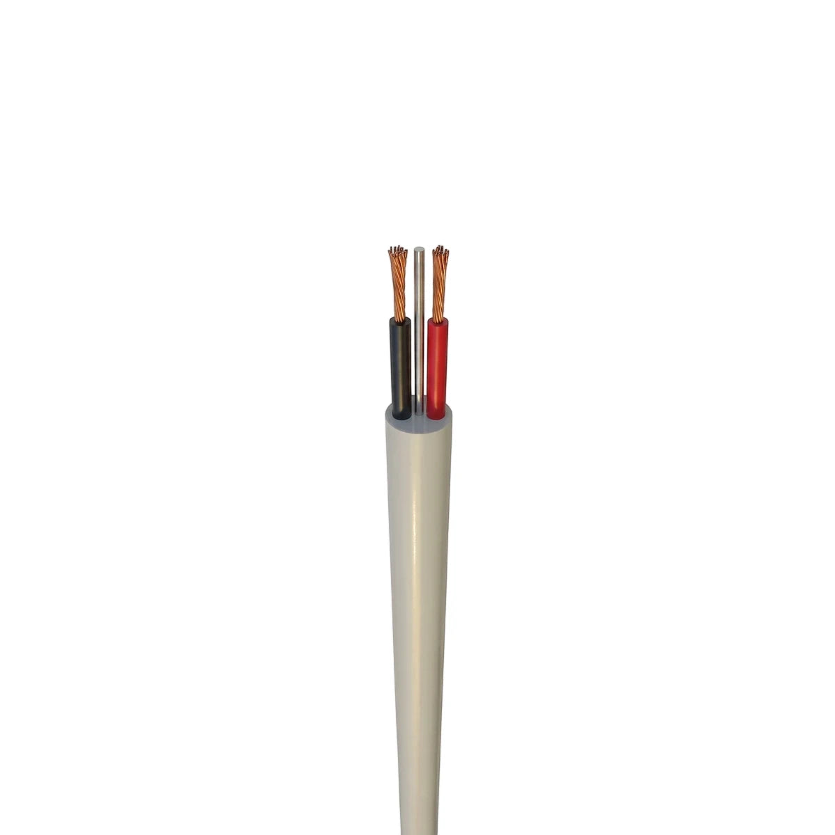 Close-up of 1.5mm X 2 + Earth Surf Rnd electrical cable with grey outer sheath and exposed red, black, and copper wires.