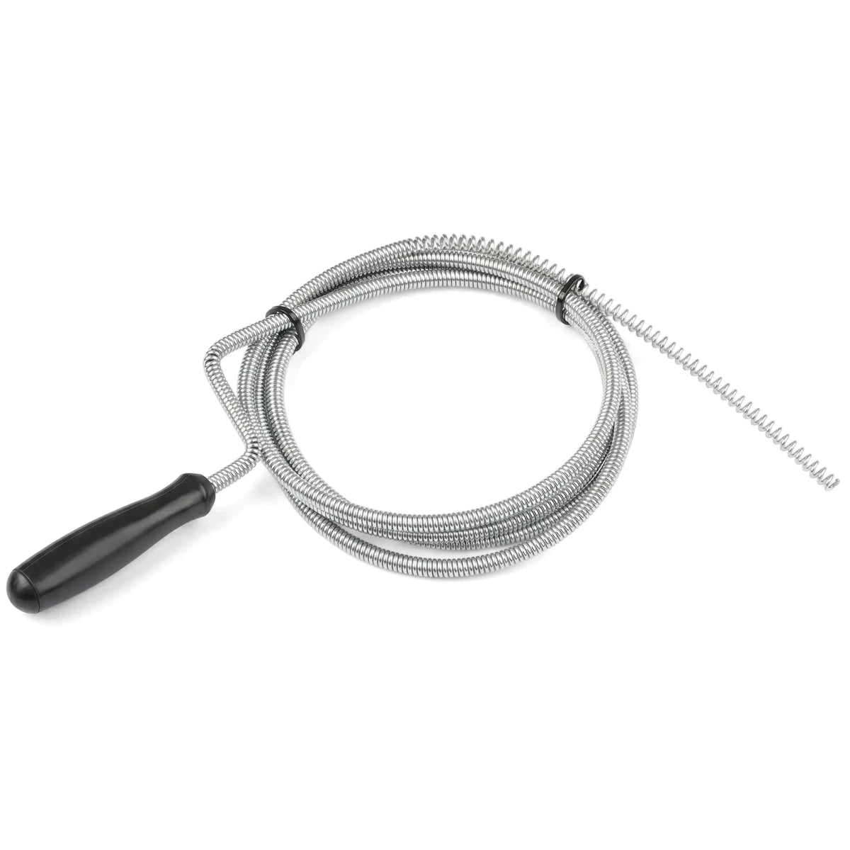1.8M silver drain pipe and sink cleaner with a black handle, coiled for storage, shown against a white background.
