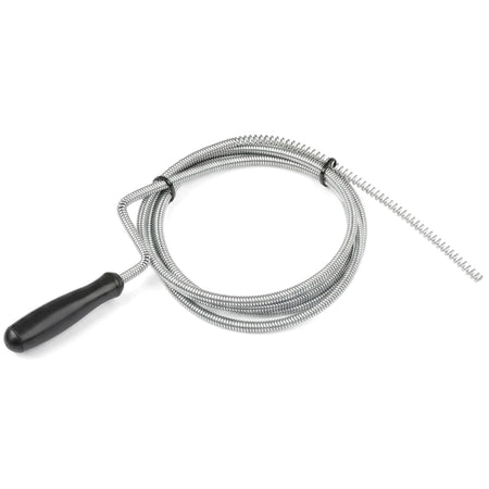 1.8M silver drain pipe and sink cleaner with a black handle, coiled for storage, shown against a white background.