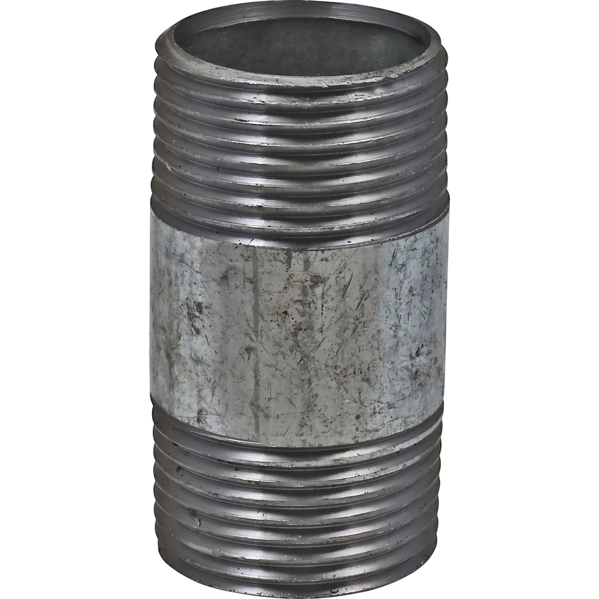 Close-up of a 1-inch galvanized steel barrel nipple, featuring coarse threading at both ends and a central smooth, textured