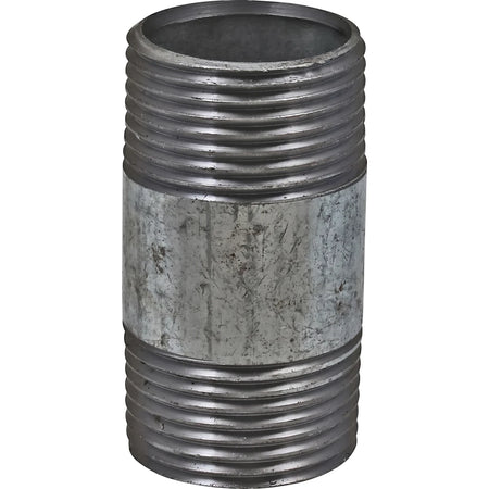 Close-up of a 1-inch galvanized steel barrel nipple, featuring coarse threading at both ends and a central smooth, textured