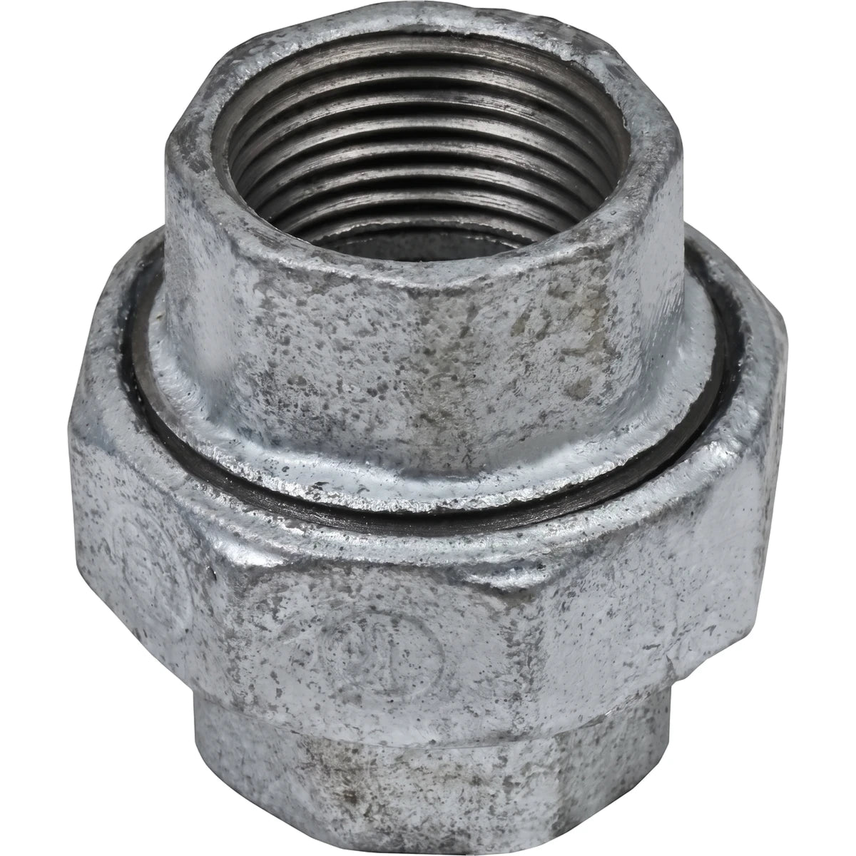 A 1-inch galvanized union pipe fitting, made of durable metal with internal threading, viewed from a slight overhead angle.