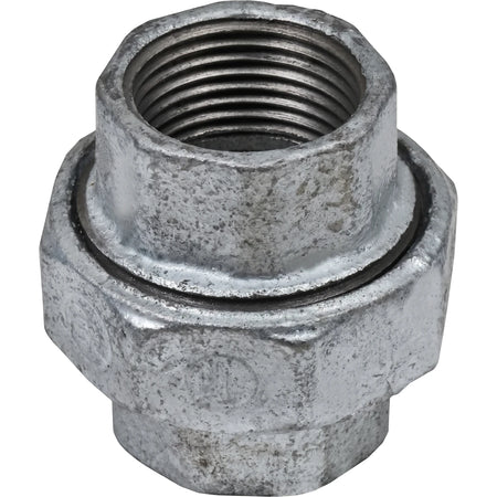 A 1-inch galvanized union pipe fitting, made of durable metal with internal threading, viewed from a slight overhead angle.