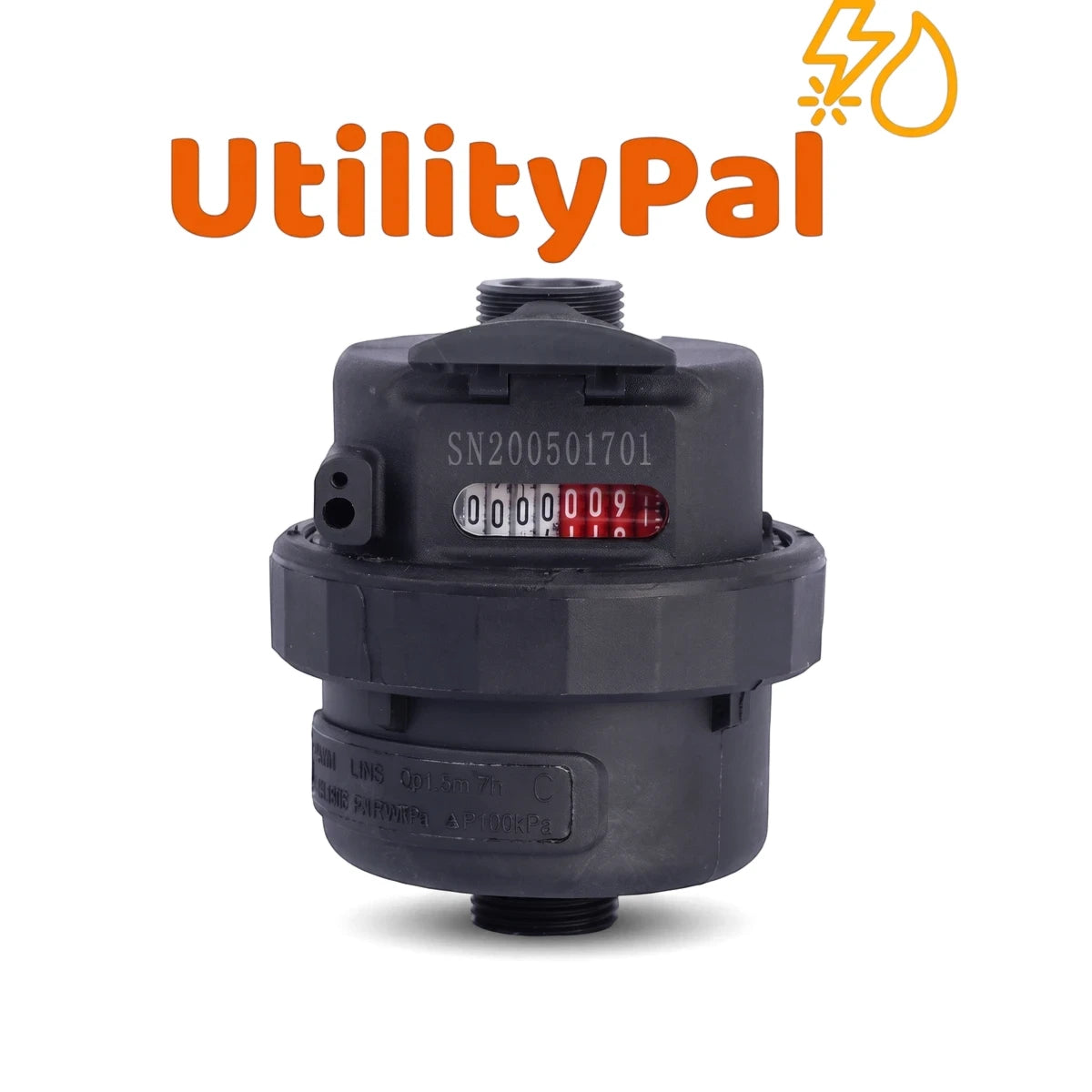 A black 1-inch plastic water meter with a counter display and 'SN200501701' serial number. UtilityPal logo visible above.