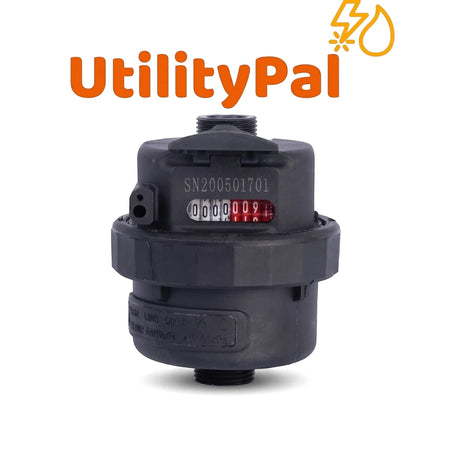 A black 1-inch plastic water meter with a counter display and 'SN200501701' serial number. UtilityPal logo visible above.