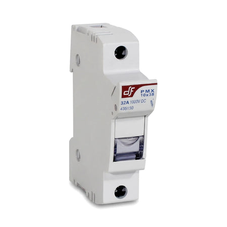 White 1 Pole Fuse Switch Fuse Holder, a rectangular electrical component with text markings and a clear fuse window.