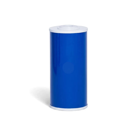10-inch Big Blue granular activated carbon filter cartridge, cylindrical shape, blue with white ends, isolated on a white