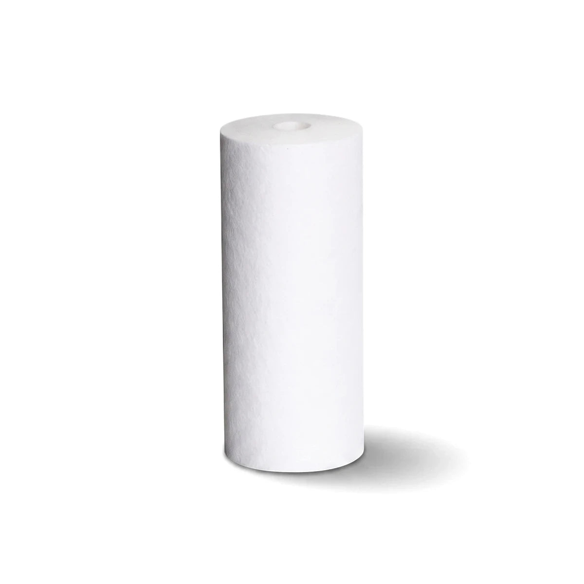 A white 10-inch PP spun fiber cylindrical water filter cartridge stands upright on a white background.
