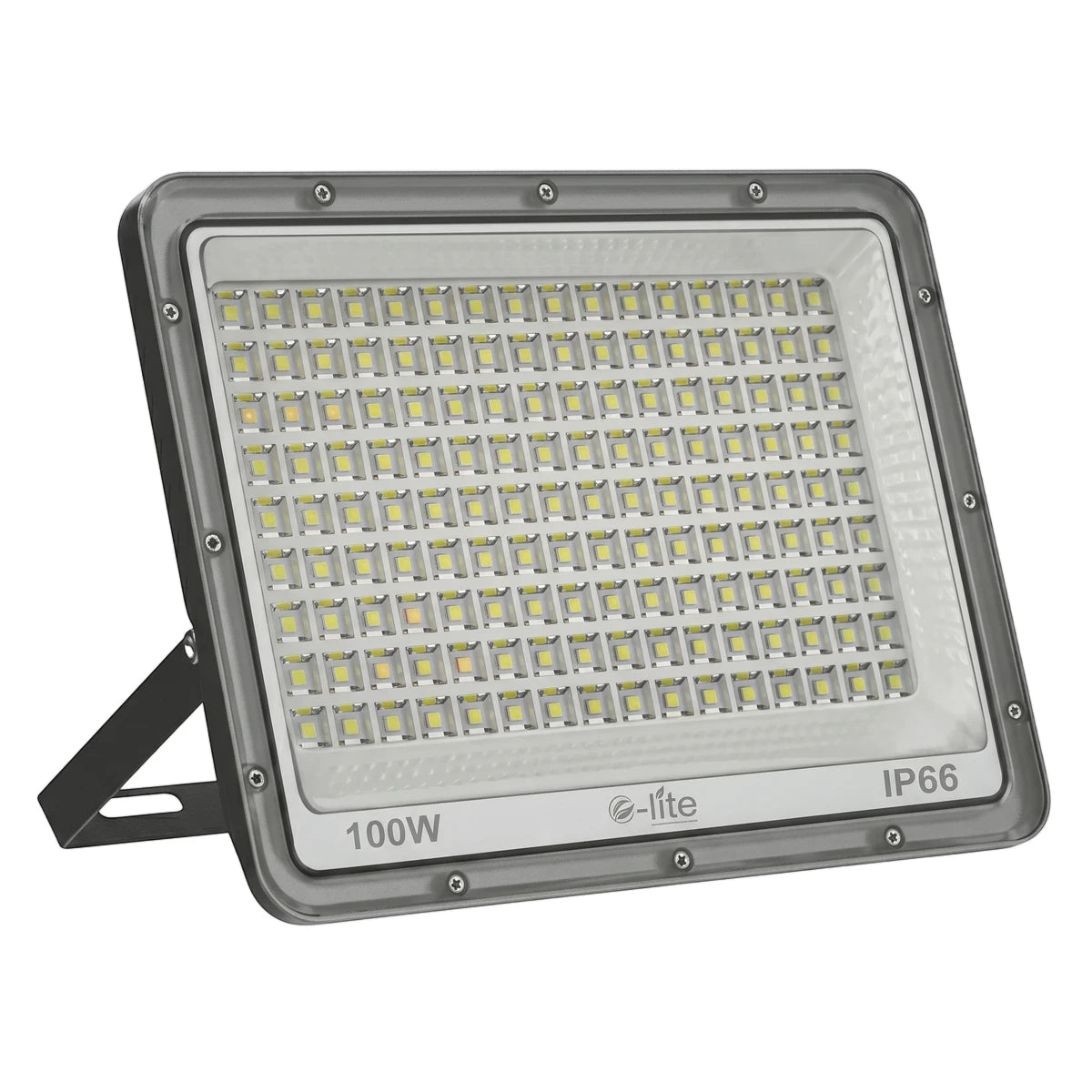 Grey 100W LED flood light, rectangular with a stand, displaying cool white illumination for outdoor use.