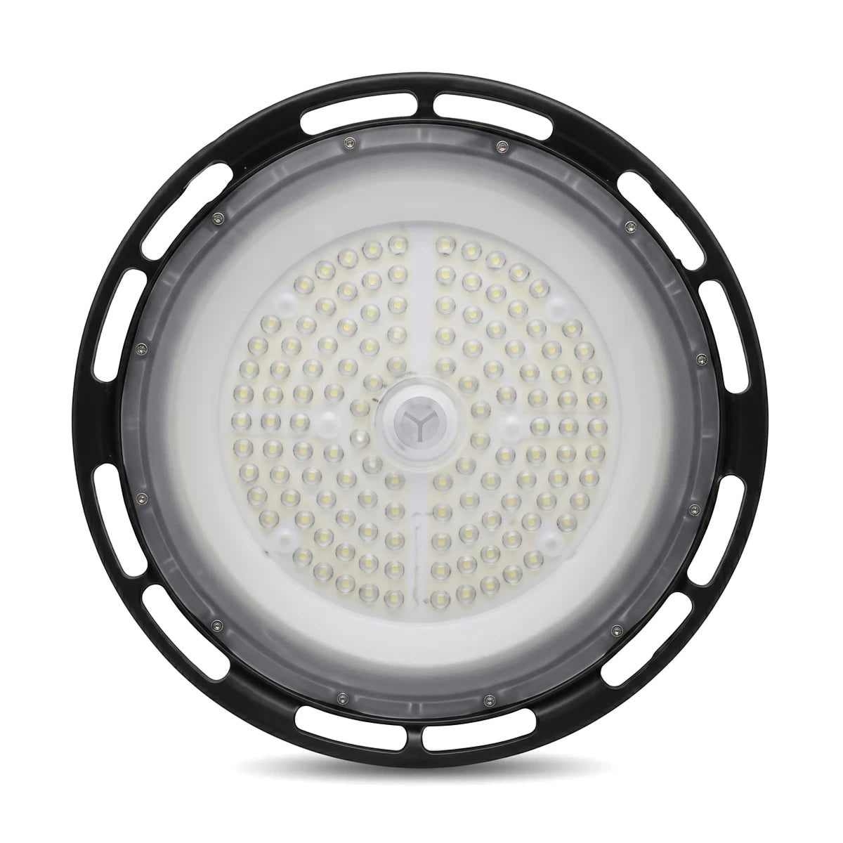 Round 100W LED UFO high bay light with a black outer rim and a white illuminated center, designed for industrial spaces.