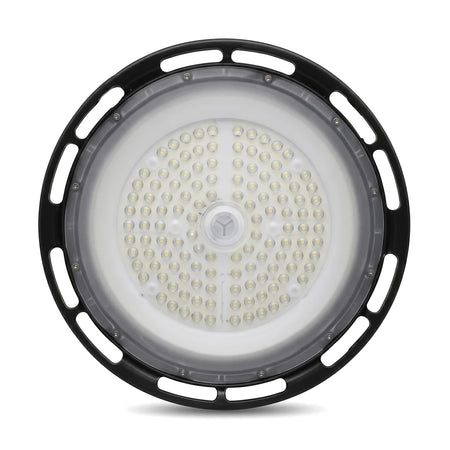 Round 100W LED UFO high bay light with a black outer rim and a white illuminated center, designed for industrial spaces.