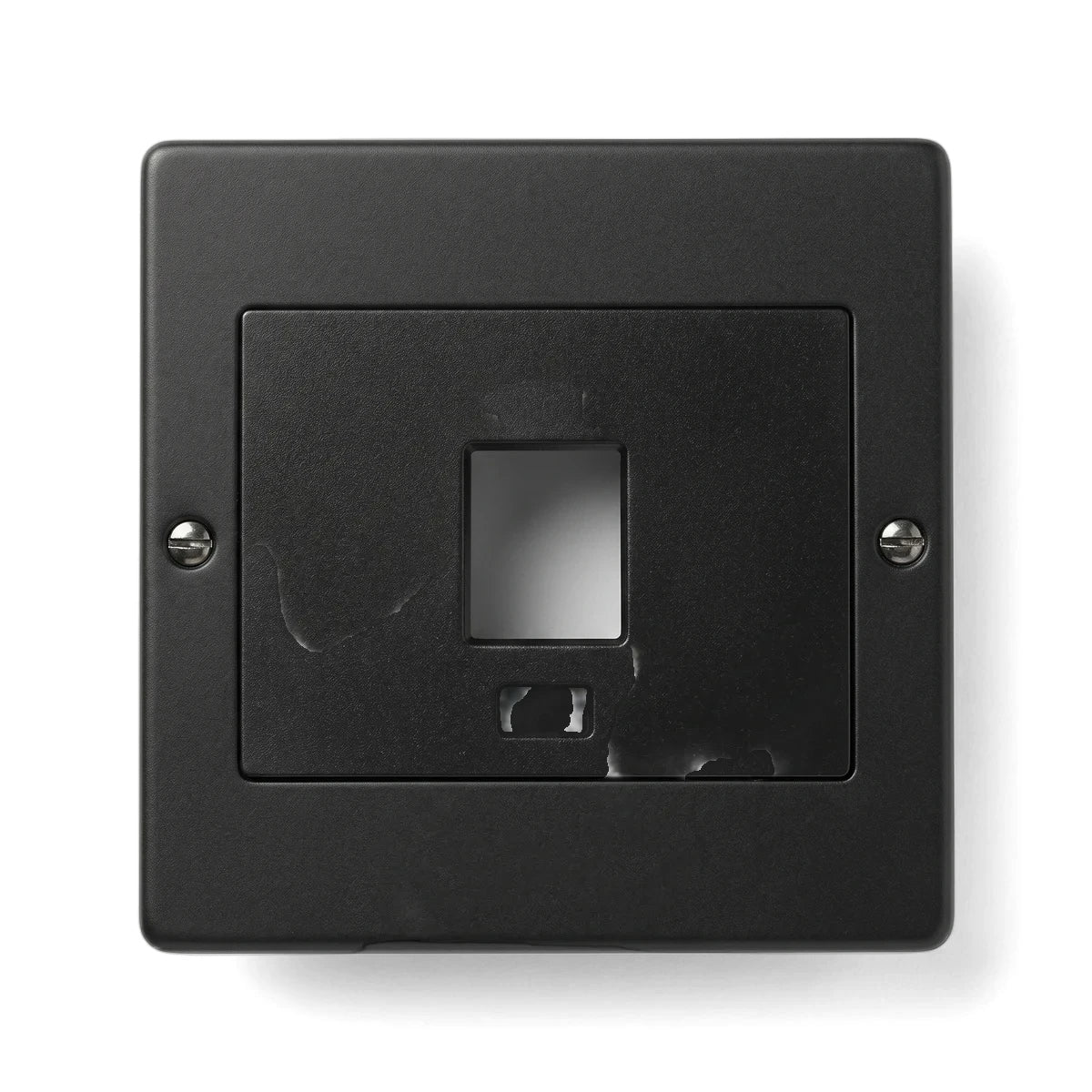 A 100x100mm 50A double pole isolator switch made of steel with a sleek matt black finish for electrical installations.