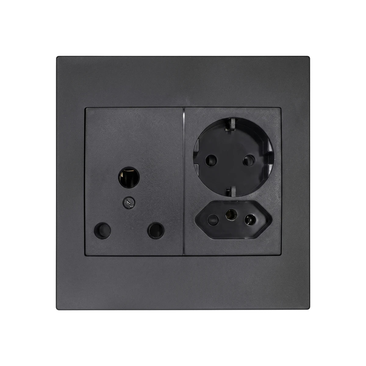 Square 100x100mm dark grey stainless steel electrical socket featuring 16A Schuko and IEC outlets for power connections.