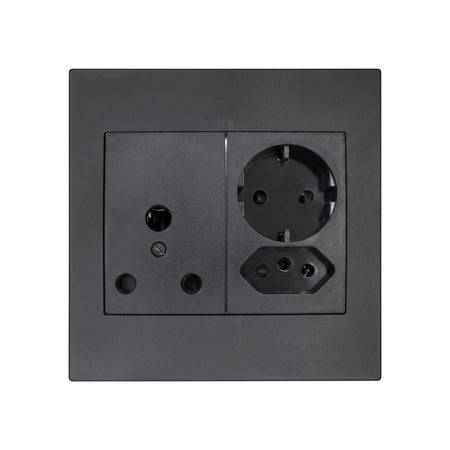 Square 100x100mm dark grey stainless steel electrical socket featuring 16A Schuko and IEC outlets for power connections.