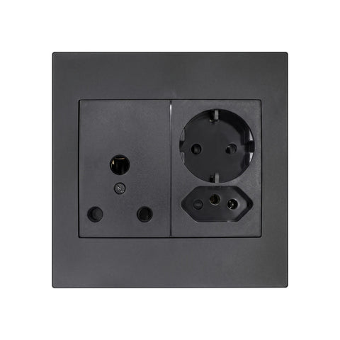 Square 100x100mm dark grey stainless steel electrical socket featuring 16A Schuko and IEC outlets for power connections.