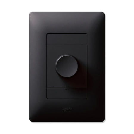 Charcoal black 100X501mm lever dimmer light switch with a rotary knob control and rectangular wall plate, shown from a