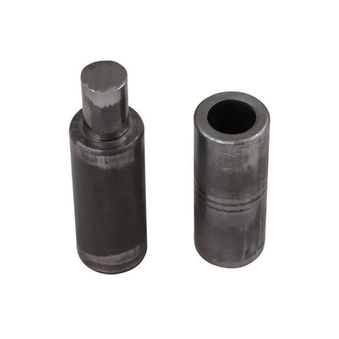 Samson steel hinge pins; one with a protruding pin and the other a hollow sleeve, dark metal