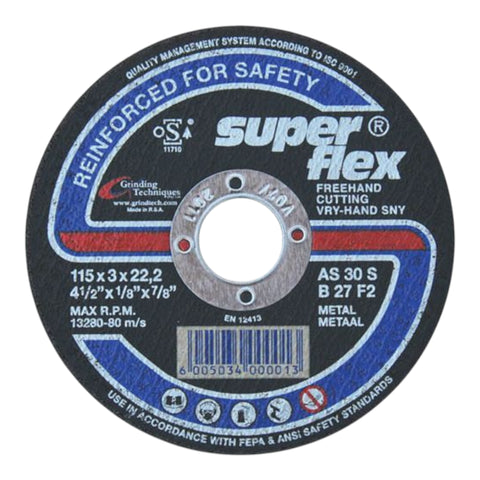 round black disc with blue and white label, central mounting hole, displaying brand grinding techniques and super flex text