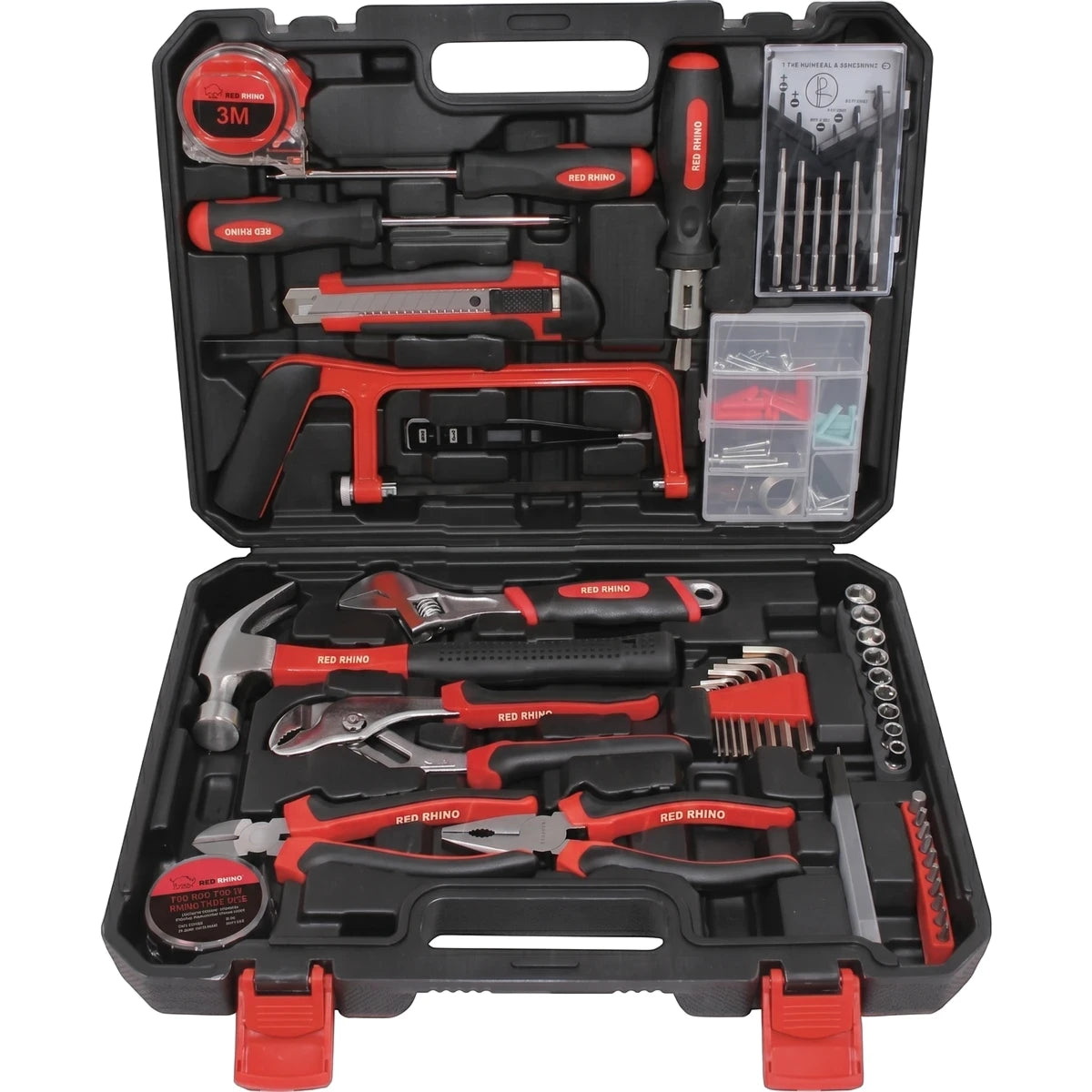 108-piece carbon steel tool set in an open black carrying case, showcasing a variety of red and black hand tools.