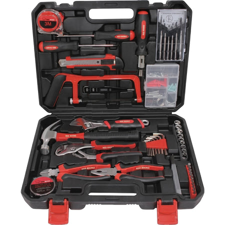108-piece carbon steel tool set in an open black carrying case, showcasing a variety of red and black hand tools.