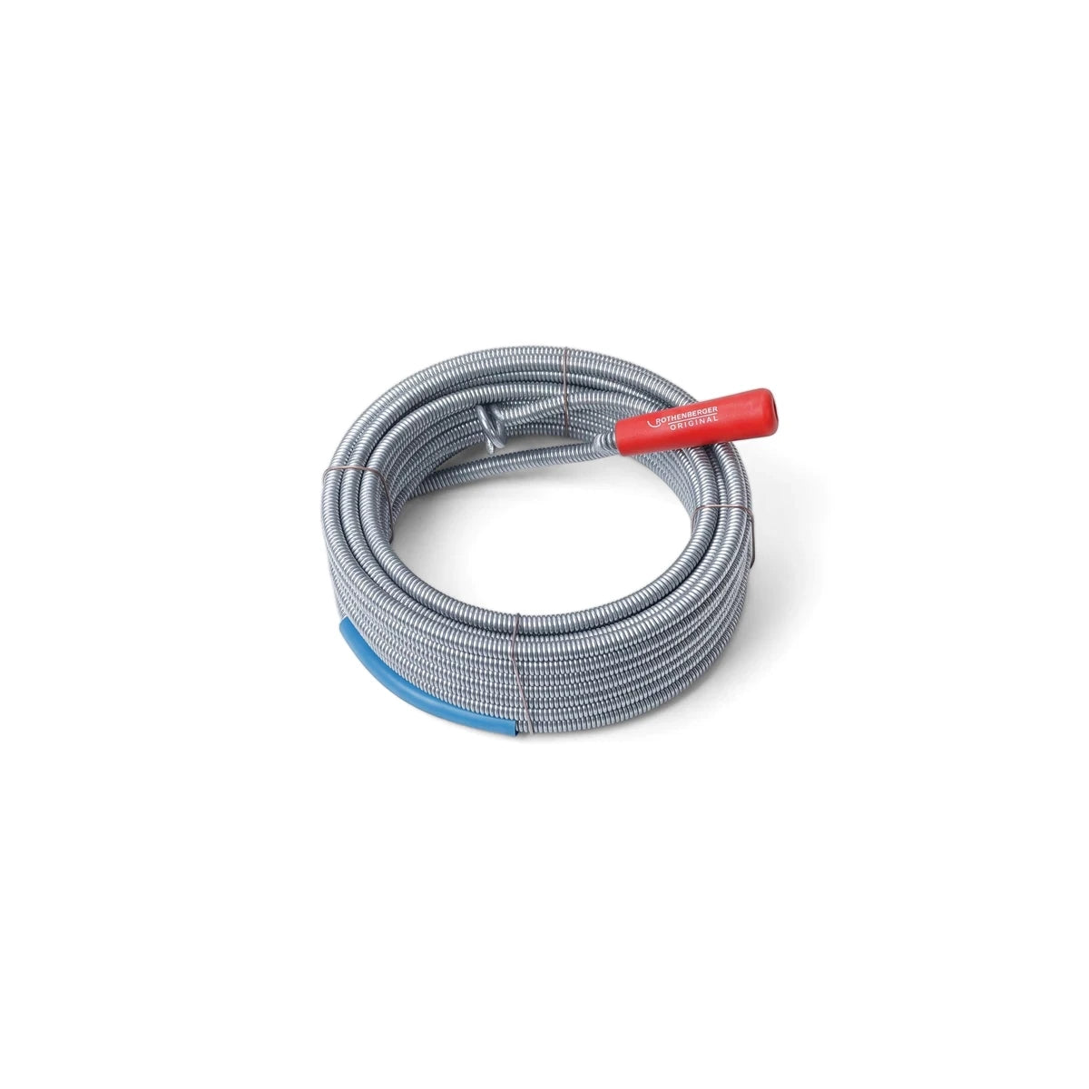10m Spiral with Retrieval Drill Drain Cleaner, coiled grey metallic cable with red handle for plumbing tasks.