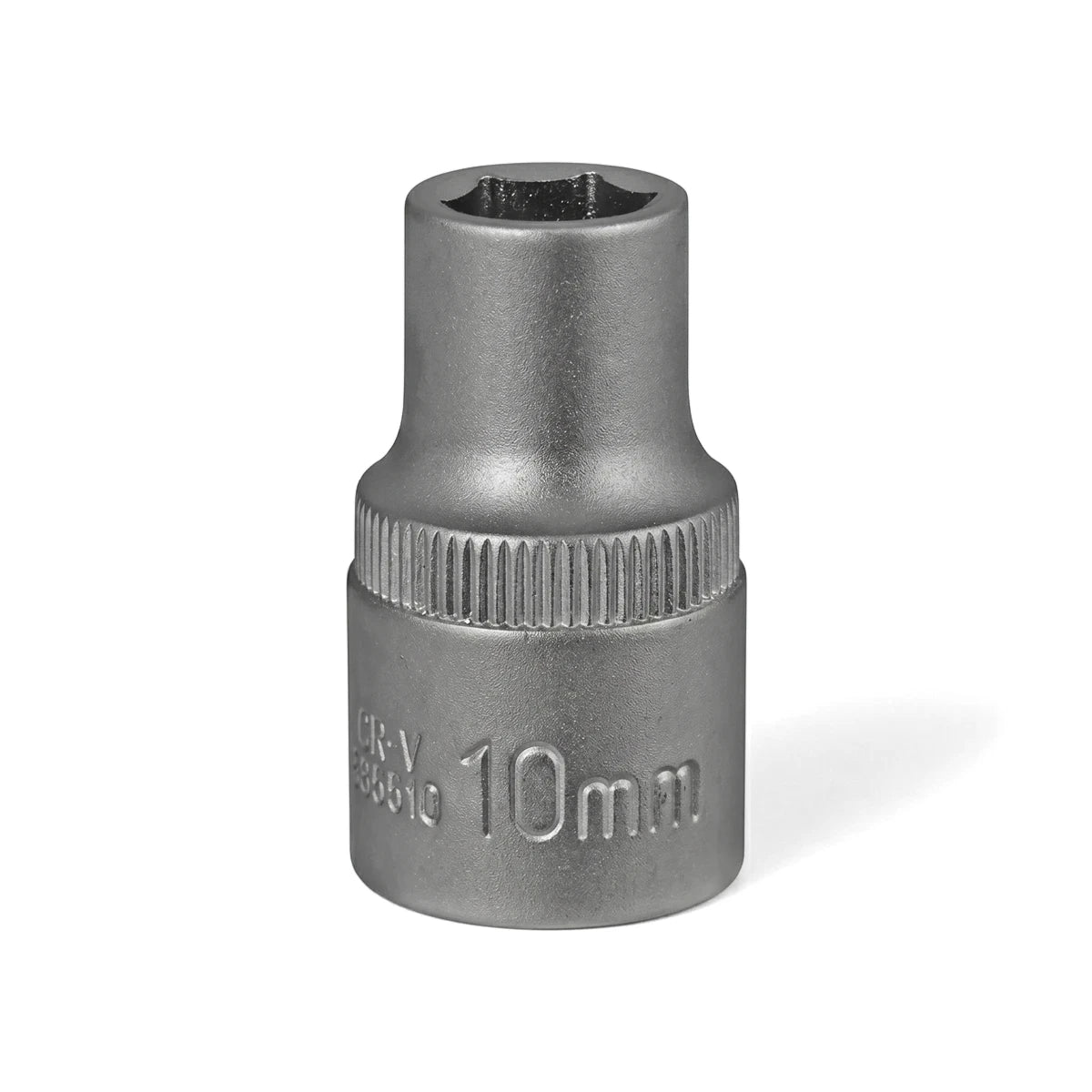 Silver 10mm 1/2-inch drive 6-point hex socket tool for mechanics and DIY projects, shot in a studio.