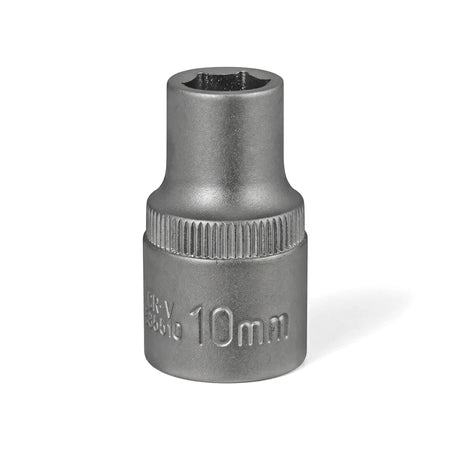 Silver 10mm 1/2-inch drive 6-point hex socket tool for mechanics and DIY projects, shot in a studio.