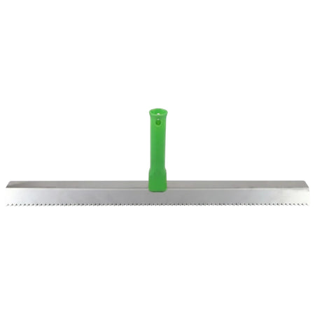 10 mm Epoxy Rake with a 600 mm stainless steel serrated blade and a green handle, used for floor leveling.