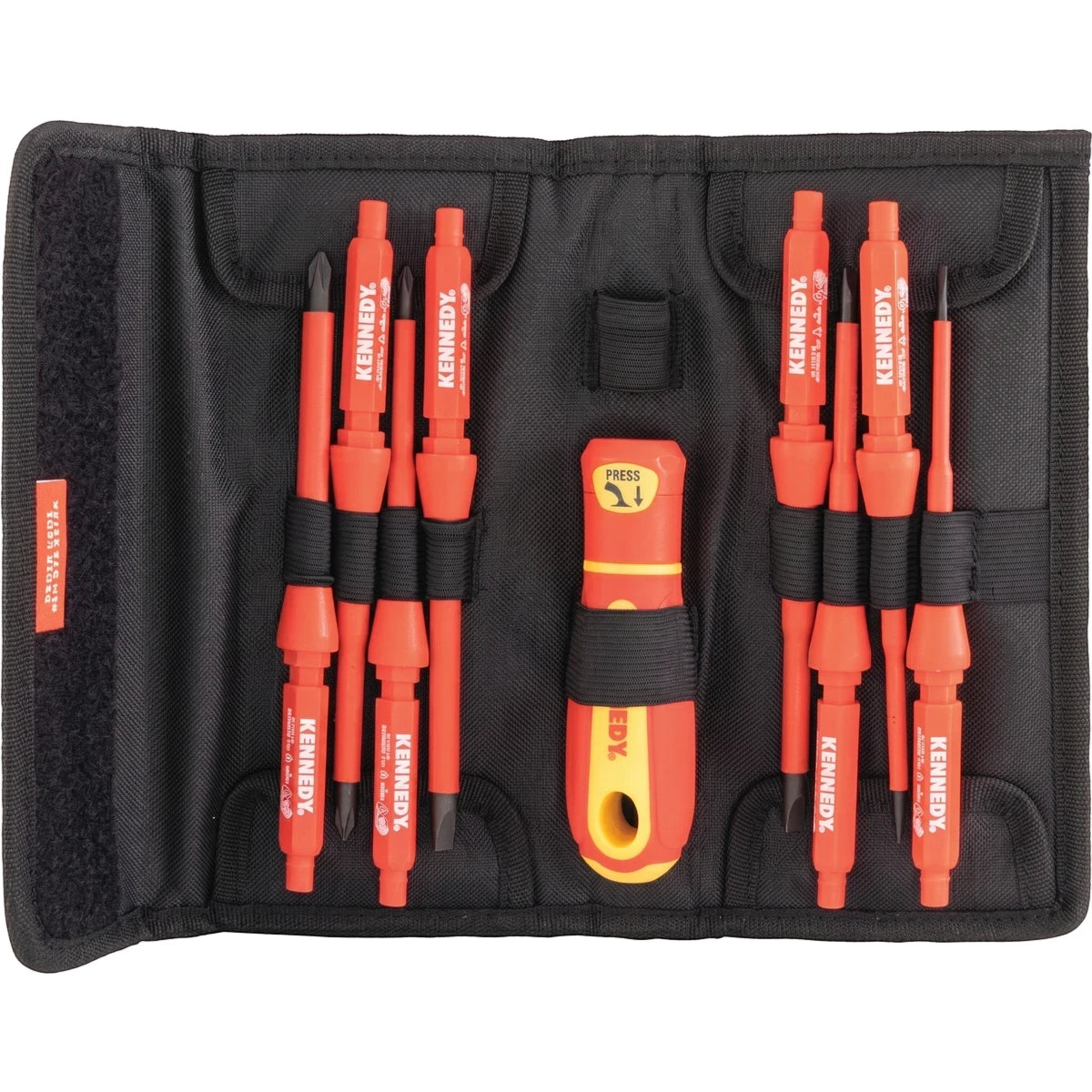 10-piece VDE insulated screwdriver set with red and yellow handles, various tips, in a black fabric roll-up storage pouch.