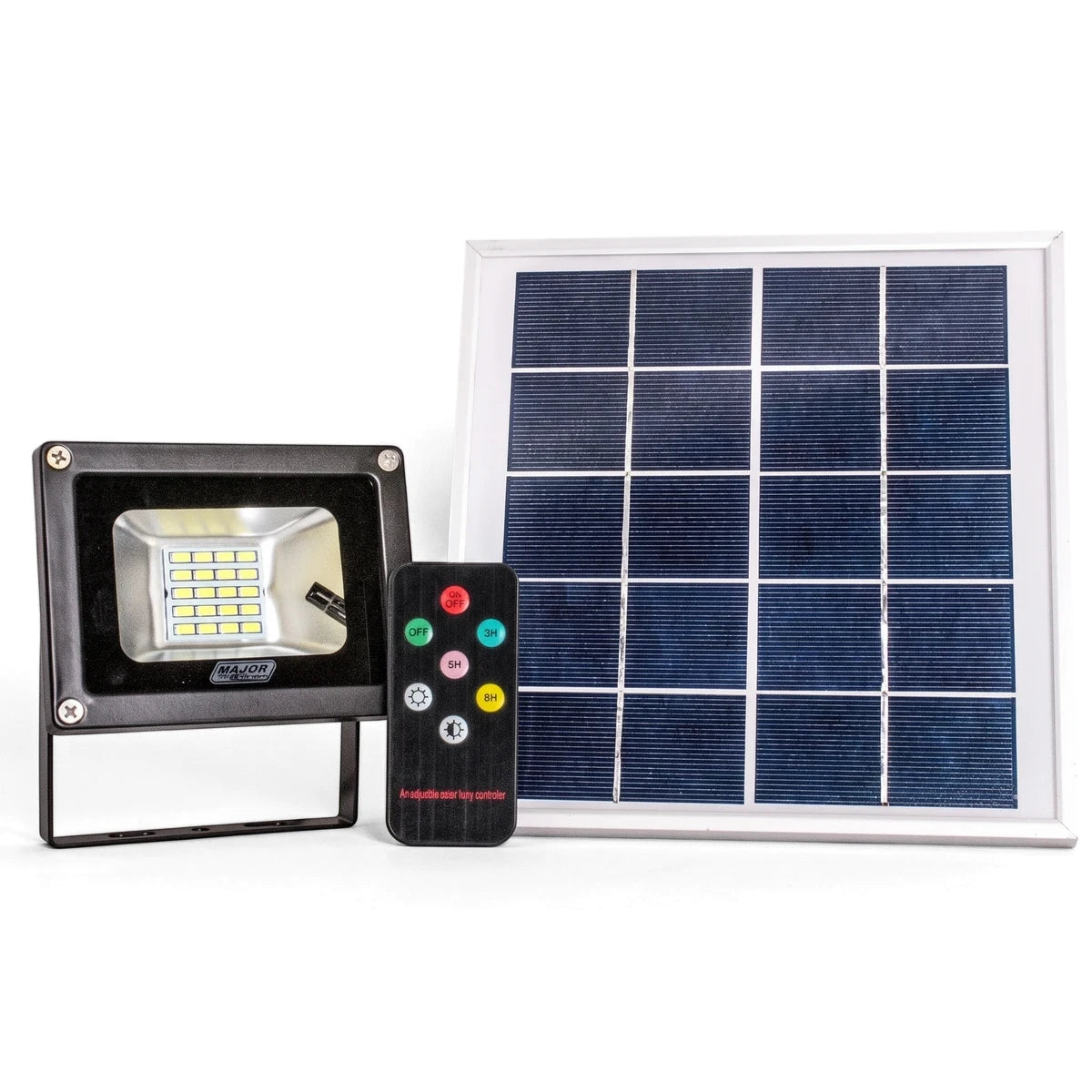 A black 10W LED solar floodlight with a remote control and a white-framed solar panel, designed for outdoor illumination.