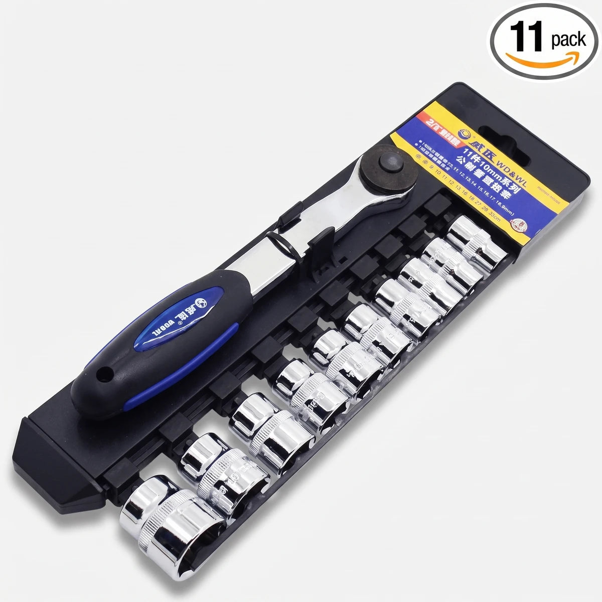 An 11-piece 3/8-inch drive socket set featuring a chrome ratchet handle with a blue and black grip, and 10 chrome sockets