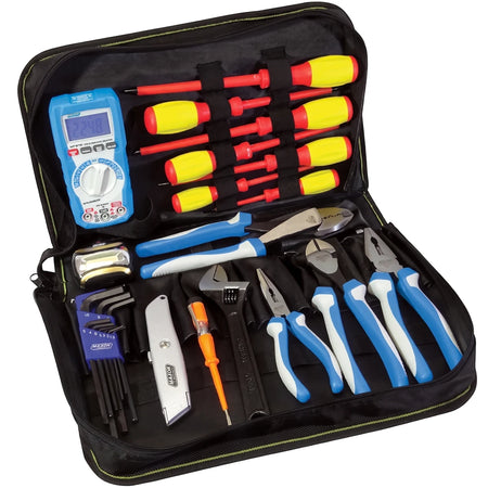 An open 11 Piece Toolkit 1000V 3W Tool Set in a black bag, neatly displaying a blue digital multimeter, screwdrivers, and