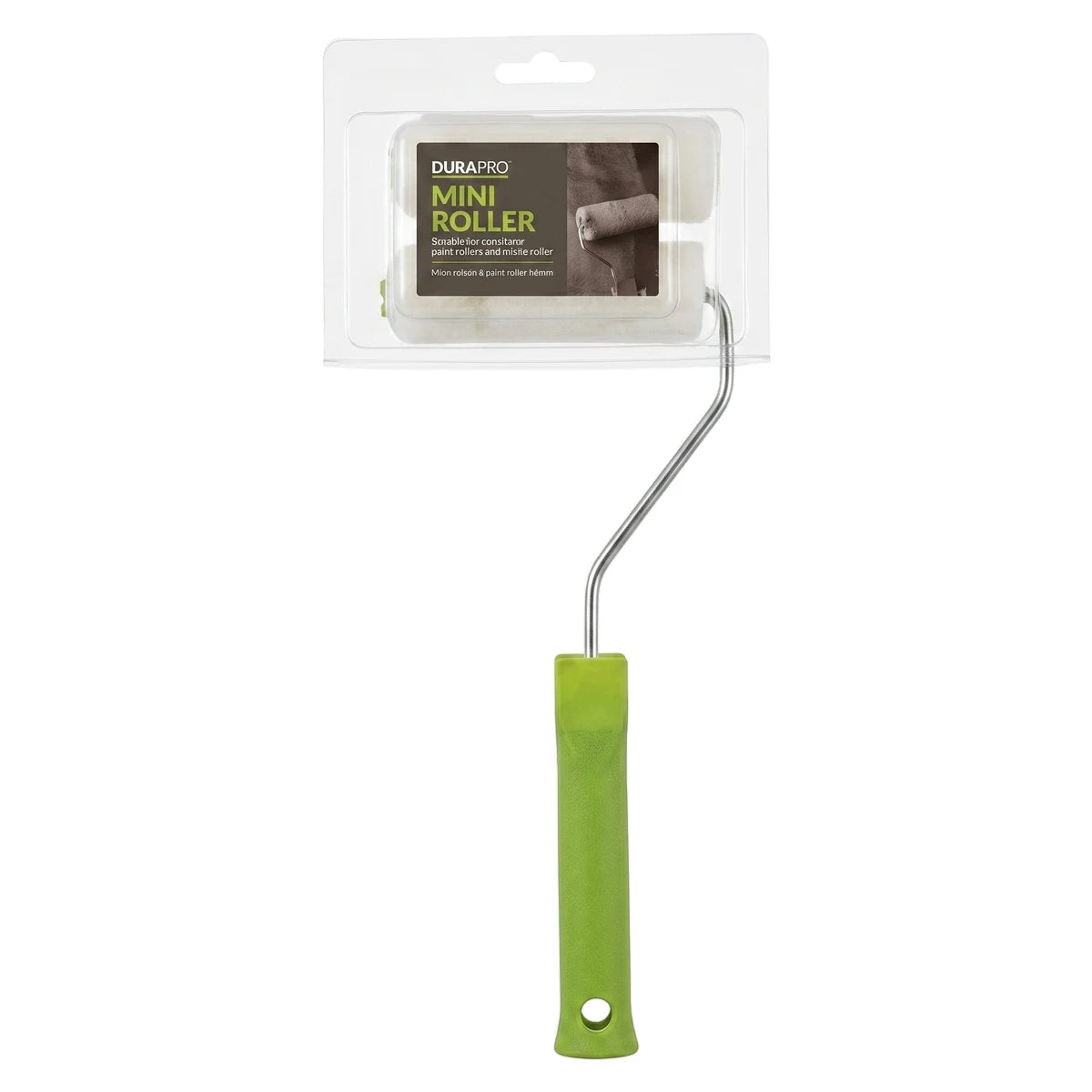 A 110 mm paint roller with a bright green handle, a silver metal frame, and a white sponge roller head, still in its clear