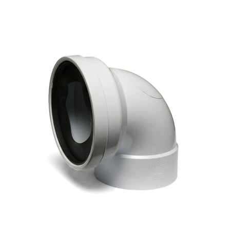 A white plastic 110mm soil and vent plain bend toilet pan connector with a black rubber seal, shown from an angled