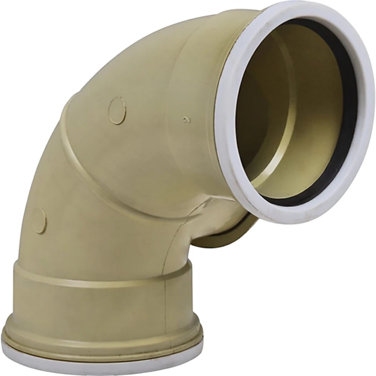 110mm x 90-degree underground long bend with inspection eye, made of beige PVC, viewed at an angle.