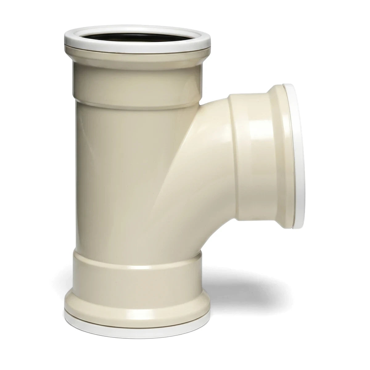 A beige 110mm X 90-degree underground plain tee junction, made of plastic, shown from an elevated perspective.