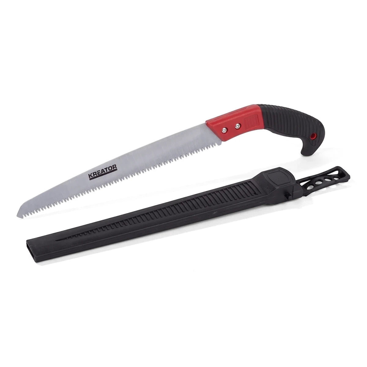 A 12-inch (300mm) Kreator pruning saw with a silver serrated blade and a red and black ergonomic handle, displayed alongside