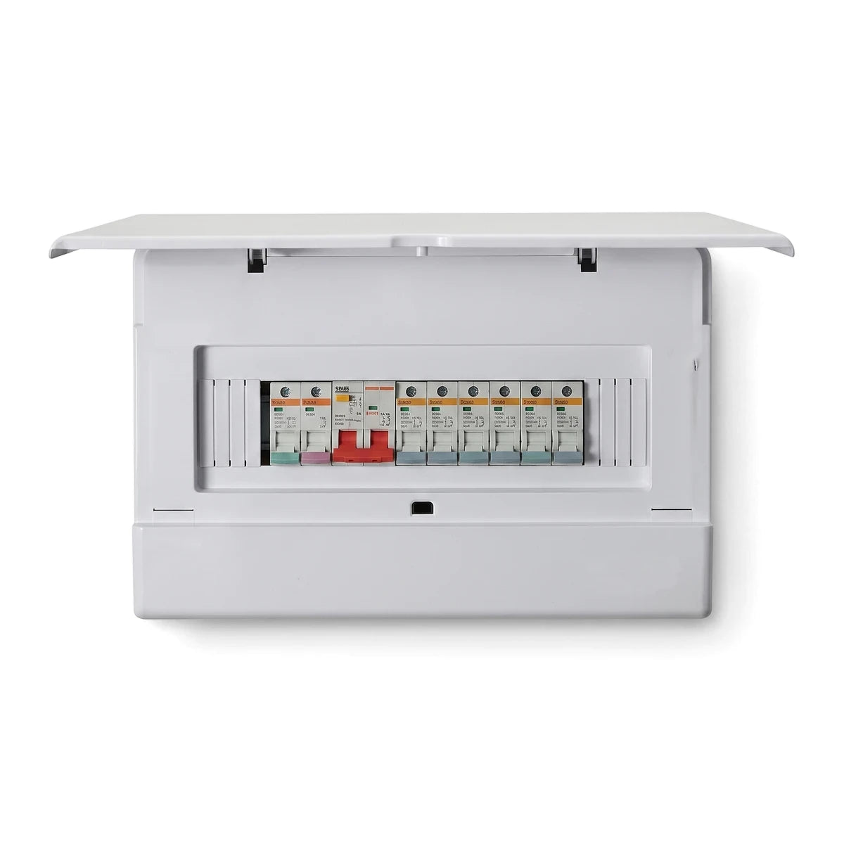 White 12-way flush pre-populated DB distribution board enclosure with hinged clear cover and internal breakers.