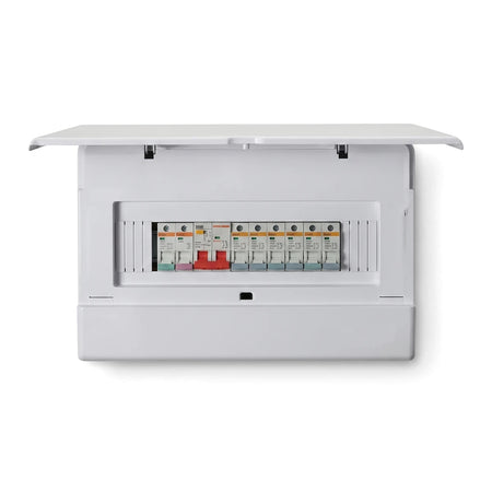 White 12-way flush pre-populated DB distribution board enclosure with hinged clear cover and internal breakers.
