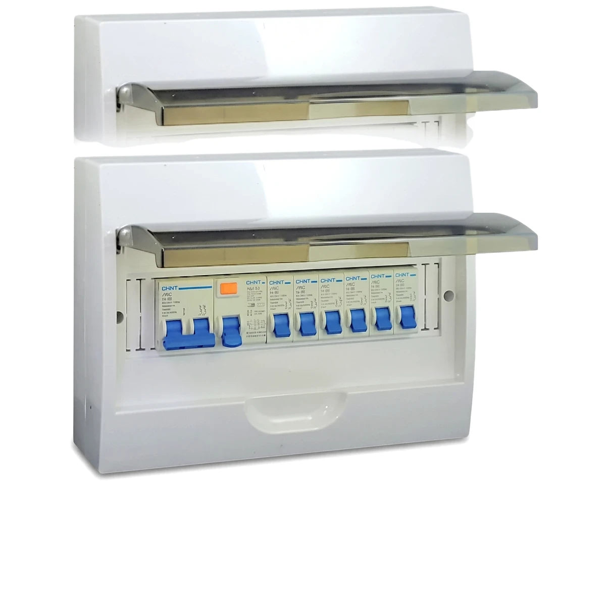 A white 12-way surface pre-populated DB distribution board enclosure, featuring multiple blue circuit breakers and a