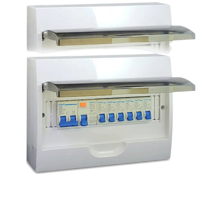A white 12-way surface pre-populated DB distribution board enclosure, featuring multiple blue circuit breakers and a