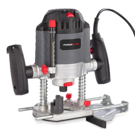A powerful 1200W electric plunge router in gray, black, and silver with red accents, designed for woodworking tasks.
