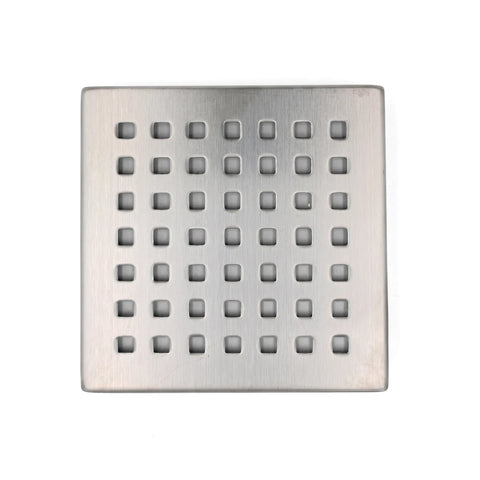 Square 120mm stainless steel shower grate with a brushed finish and grid pattern of square drainage holes.