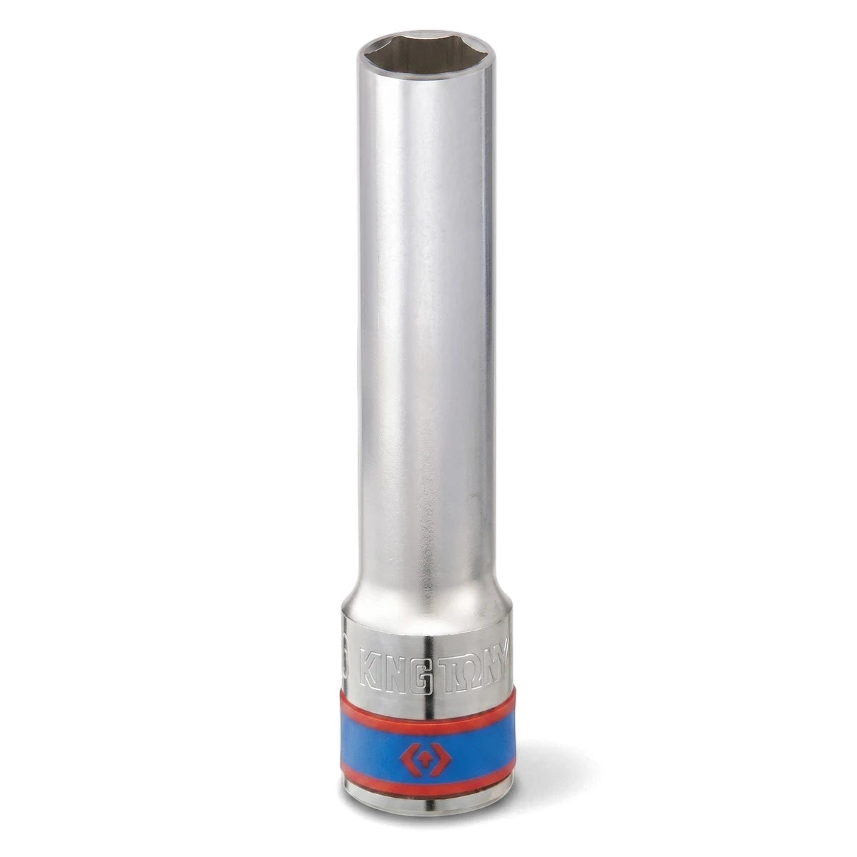 12mm 1/2-inch drive 6-point deep hex socket, made of polished chrome-vanadium steel with a blue and red identification band.