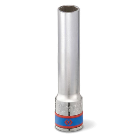 12mm 1/2-inch drive 6-point deep hex socket, made of polished chrome-vanadium steel with a blue and red identification band.