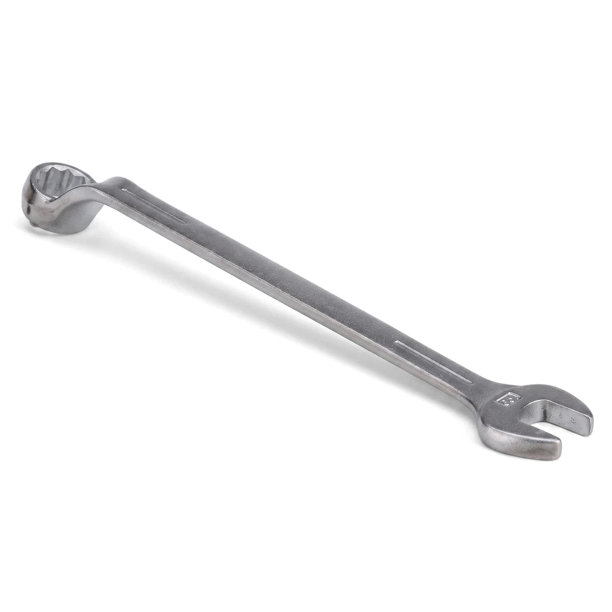 Silver metallic 12mm combination spanner, a durable hand tool with both open-ended and box-ended angled jaws, shown