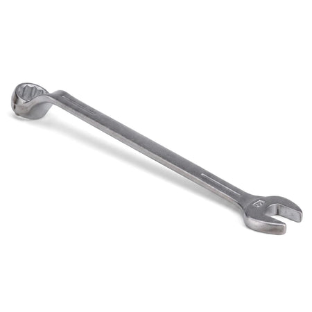 Silver metallic 12mm combination spanner, a durable hand tool with both open-ended and box-ended angled jaws, shown