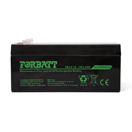 12V 3.2Ah Forbatt maintenance-free sealed lead acid battery, black, with green branding and specifications on a flat surface.