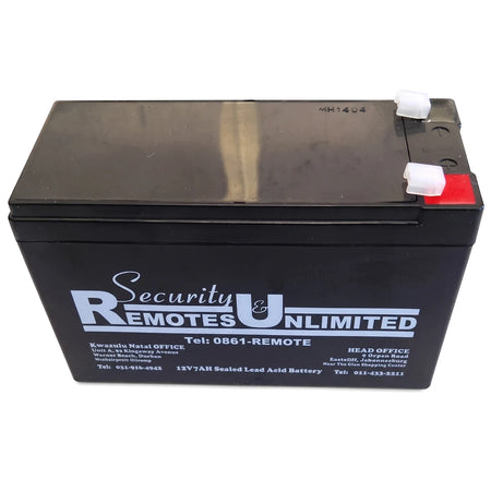 Black 12V 7.0Ah sealed lead-acid battery, branded 'Security & Remotes Unlimited', shown from a front-top perspective.