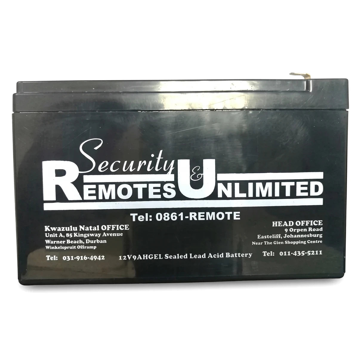 Black rectangular 12V 9.0Ah gel sealed lead acid battery with 'Security & Remotes Unlimited' branding and contact